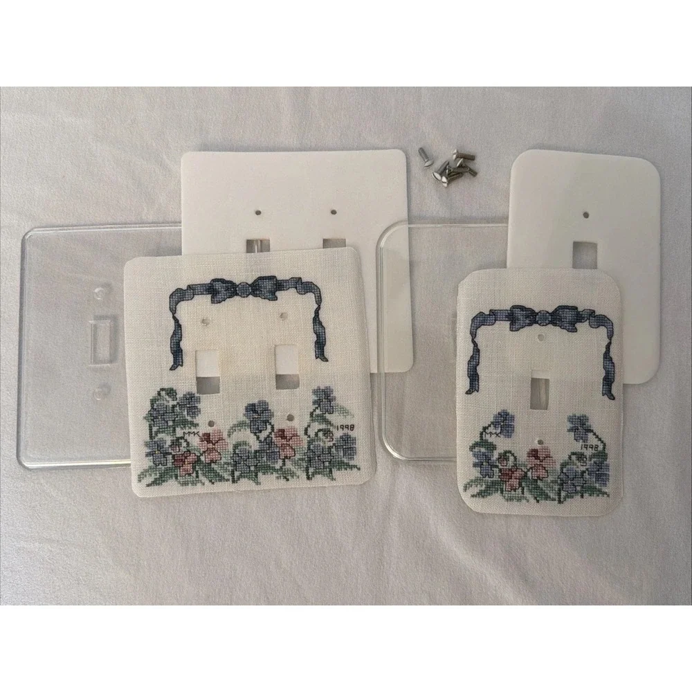 Set of 2 Vintage Needlepoint Switch Plate Covers Blue Flowers Handmade 1998